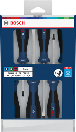 Bosch 6-piece screwdriver set with chrome vanadium shafts.