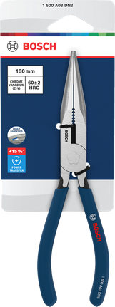 Bosch long-nose pliers 180 mm with dipped non-slip handles.
