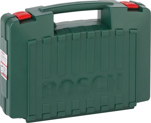 Maletín de herramientas de plástico Bosch con cierres rojos de seguridad.
