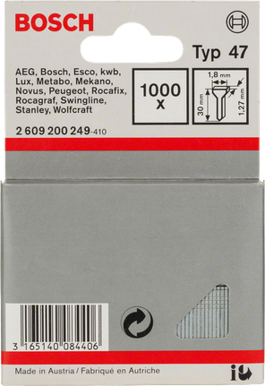 Clavos Bosch Tipo 47 de 1,8 x 1,3 x 30 mm, paquete de 1000 unidades.