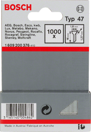 Clavos Bosch Tipo 47 de 16 mm, paquete de 1000 unidades para grapadoras eléctricas.