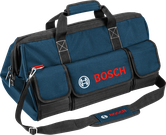 Bolsa de herramientas Bosch con correa para el hombro y bolsillos frontales.