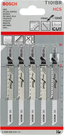 Hojas de sierra de calar Bosch T101BR para un corte limpio de madera.