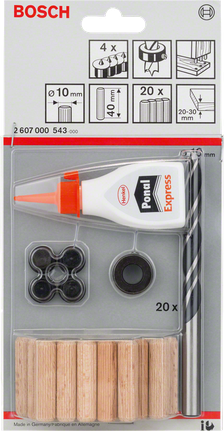 Juego de espigas de madera Bosch de 10 mm, 27 piezas.