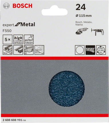 Paquete de 5 hojas de lija Bosch F550 para metal, grano 24.