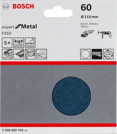 Lija Bosch F550 de 115 mm, grano 60, paquete de 5 unidades.
