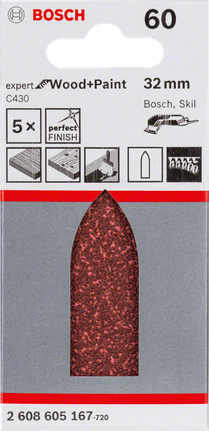 Paquete de 5 hojas de lija Bosch C430, 32x88 mm, grano 60.