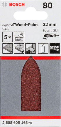 Lija Bosch C430 de 32x88 mm, grano 80, paquete de 5 unidades.