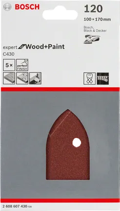 Juego de hojas de lija Bosch C430, grano 120, para madera y pintura.