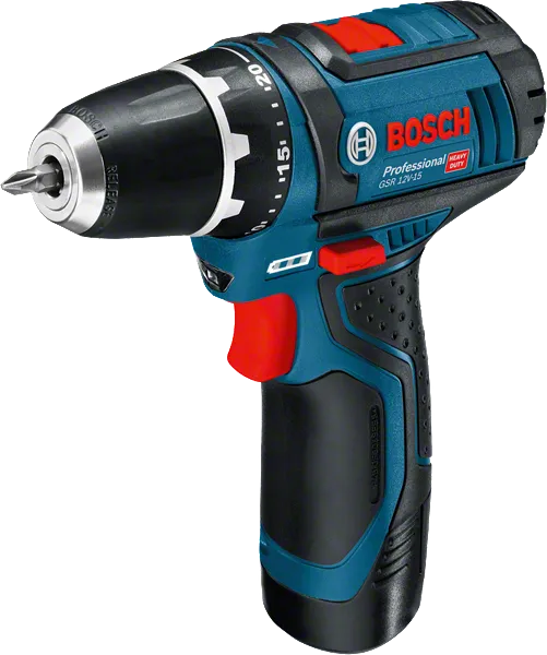 Taladro atornillador inalámbrico Bosch GSR 12V-15 con empuñadura ergonómica.