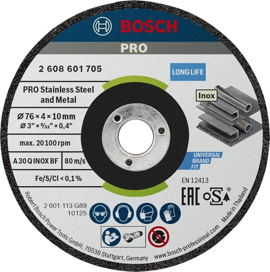 Disco abrasivo Bosch PRO para acero inoxidable y metal, 76 x 4 x 10 mm.