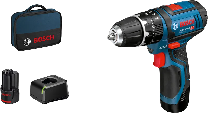 Taladro a batería Bosch GSB 12V-15 con batería y maletín.