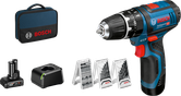 Taladro a batería Bosch GSB 12V-15 con batería y brocas.