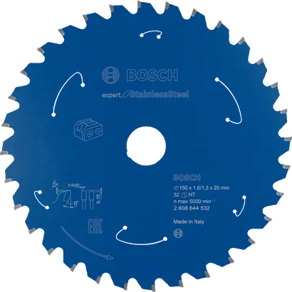 Hoja de sierra circular Bosch Expert para acero inoxidable de 32 dientes.