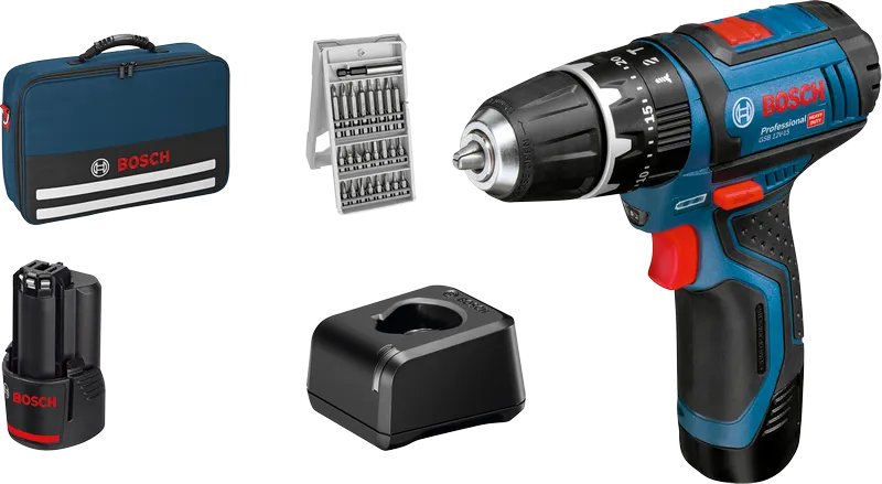 Taladro a batería Bosch GSB 12V-15 con accesorios.