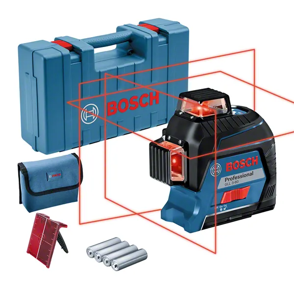 Herramienta niveladora láser Bosch GLL 3-80 con estuche de transporte.