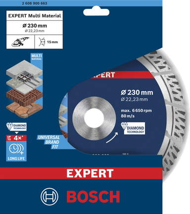 Disco de corte de diamante Bosch EXPERT MultiMaterial 230×22,23×2,4×15 mm.