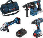 Kit combinado Bosch 18V con taladro, martillo perforador, amoladora angular, cargador y bolsa de herramientas.