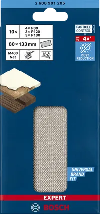 Juego de mallas de lijado Bosch EXPERT M480 de 80x133 mm para la reducción del polvo.