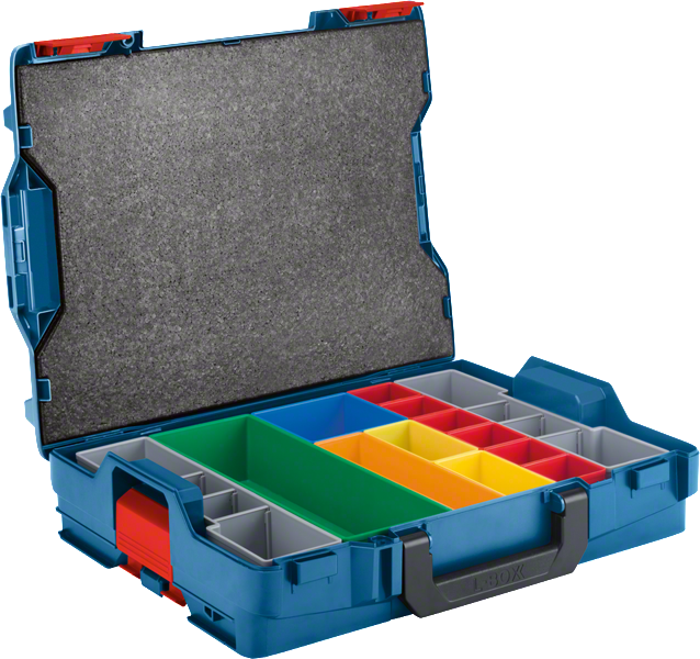 Estuche de transporte Bosch L-BOXX 102 con 13 compartimentos codificados por colores.