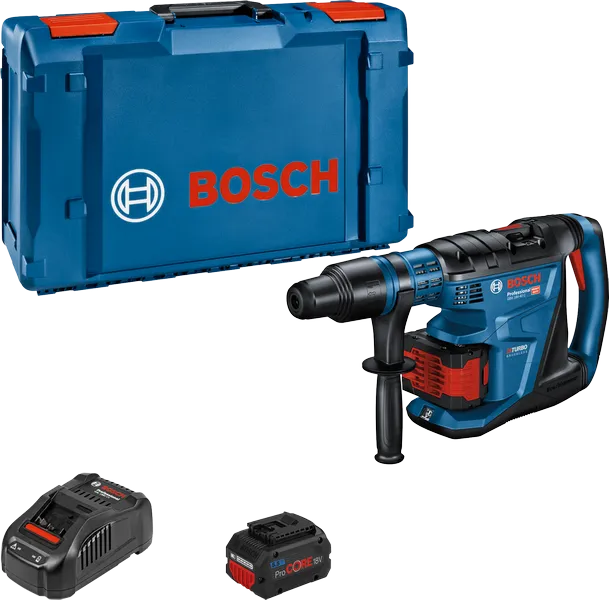 Martillo perforador Bosch GBH 18V-40 C con maletín, cargador y batería.