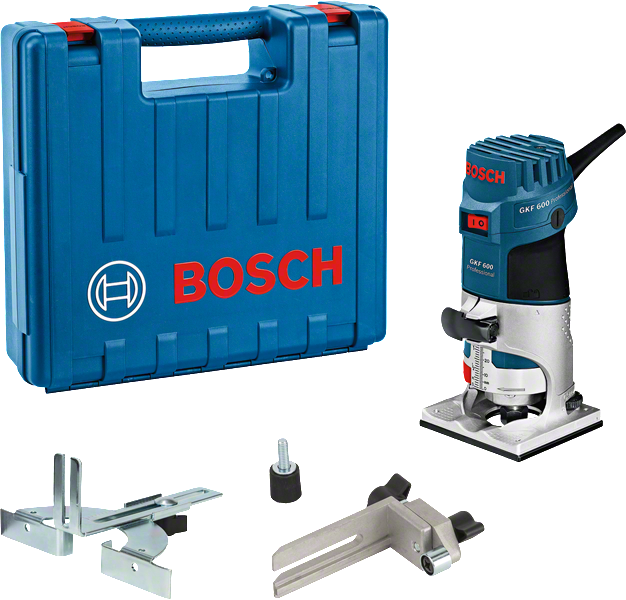 Kit de fresadora de palma Bosch GKF 600 con estuche y accesorios.