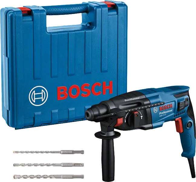 Juego de taladro percutor rotativo Bosch GBH 2-21 con maletín.