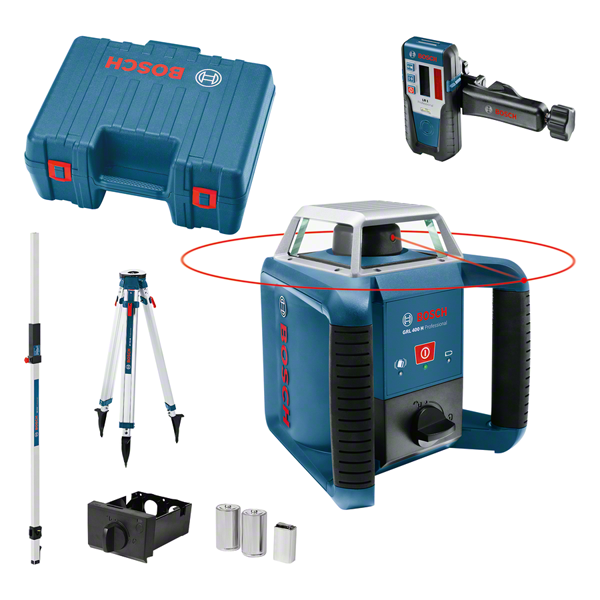 Herramienta niveladora láser Bosch GRL 400 H con trípode y accesorios.