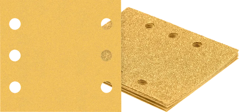 Hojas de lija Bosch con seis orificios de extracción de polvo.