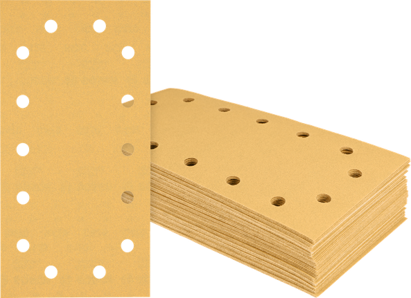 Hojas de lija rectangulares Bosch con múltiples orificios de extracción de polvo.