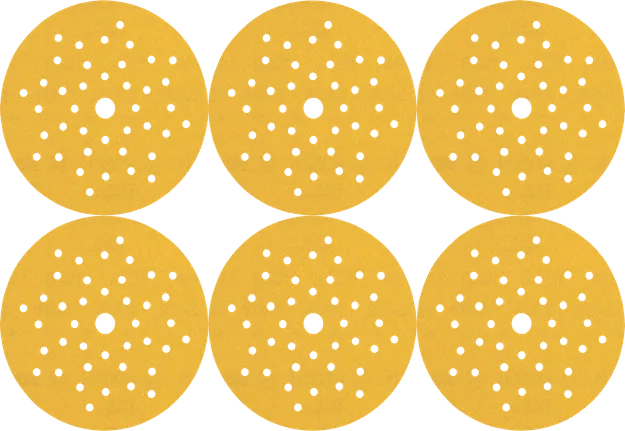 Juego de discos de lijado Bosch con múltiples orificios de extracción de polvo.