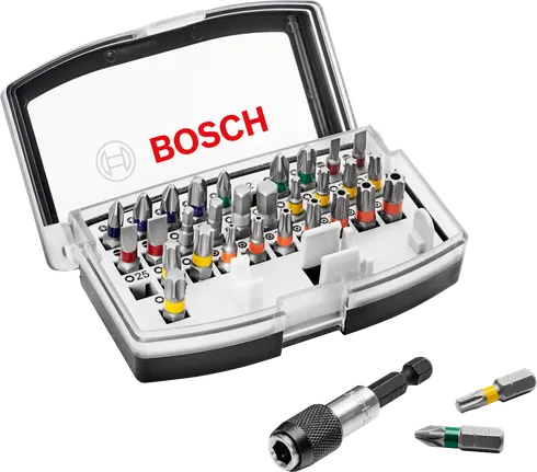 Juego de 32 puntas de destornillador Bosch con soporte de cambio rápido.