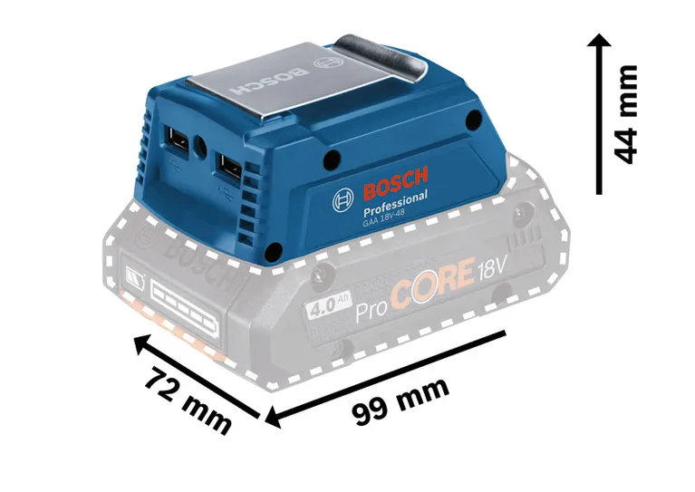 Adaptador USB Bosch GAA 18V-48 con batería ProCORE de 4,0 Ah.