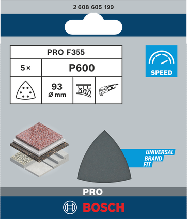 Hoja de lija Bosch PRO F355 93 mm P600 5 uds.