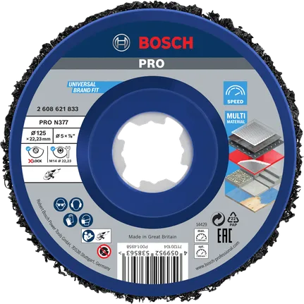 Disco de limpieza Bosch PRO N377 de 125 mm con sistema X-Lock para diversos materiales.