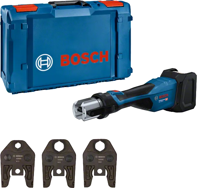 Herramienta de prensado inalámbrica Bosch 18V-32 con estuche y mordazas.