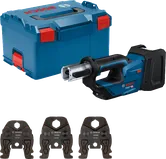 Herramienta de prensado inalámbrica Bosch 18V-19 con estuche y mordazas de prensa.