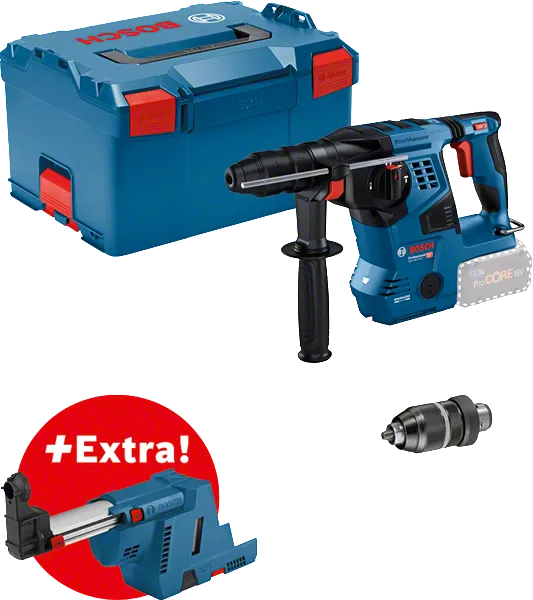 Kit de martillo perforador Bosch GBH 18V-28 con extractor de polvo adicional.