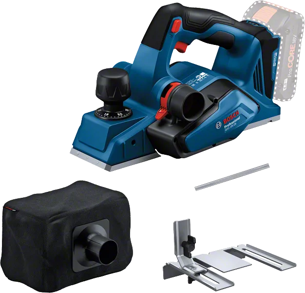Cepilladora a batería Bosch GHO 18V-26 con accesorios.