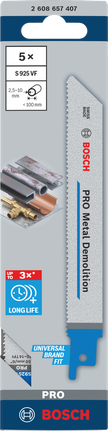 Paquete de hojas de sierra Bosch PRO Metal Demolition S925VF para cortar metal.