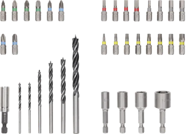 Juego de 35 puntas de destornillador extra duras y brocas para madera PRO de Bosch .
