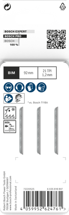 Hojas de sierra de calar Bosch PRO Metal medianas T121AFC de 92 mm, paquete de 3 unidades.