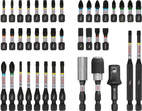 Juego de puntas de destornillador de impacto Bosch PRO, 41 piezas, codificadas por colores.