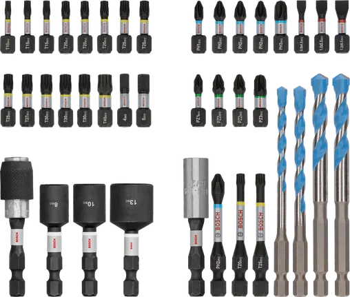 Juego mixto Bosch PRO Impact de 40 piezas con brocas y taladros codificados por colores.