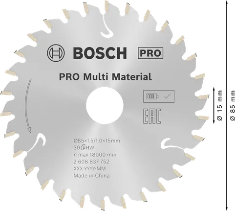 Hoja de sierra circular inalámbrica Bosch PRO Multi Material de 85 mm.