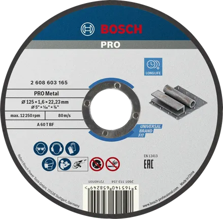Disco de corte Bosch PRO con aglutinante metálico de 125 x 1,6 x 22,23 mm.