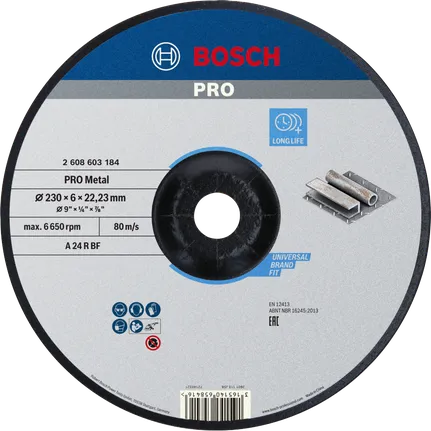 Disco abrasivo Bosch PRO de 230 mm con aglutinante metálico para metal.
