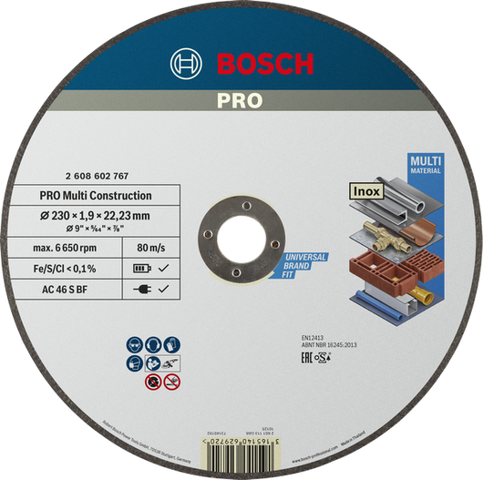 Disco de corte multimaterial Bosch PRO de 230 x 1,9 x 22,23 mm.