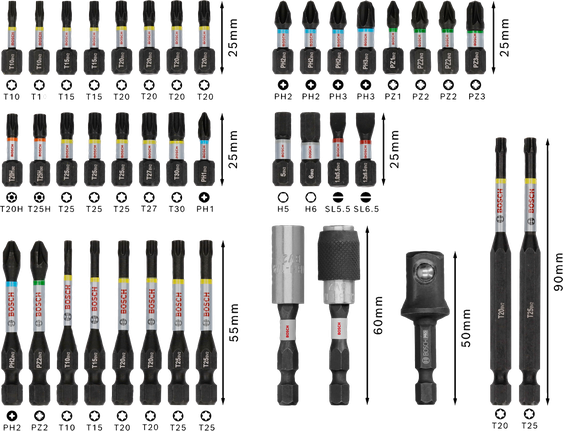 Juego de puntas de destornillador de impacto Bosch PRO, 41 piezas, con tamaños surtidos.
