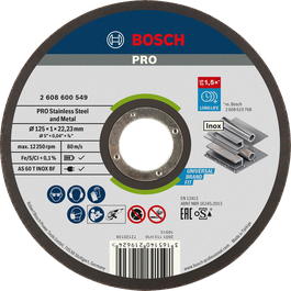 Disco de corte de acero inoxidable y metal Bosch PRO de 125 mm.